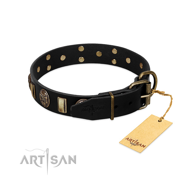 Genuine leather dog collar with durable buckle and decorations