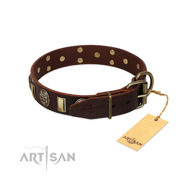 Full grain natural leather dog collar with rust-proof hardware and adornments