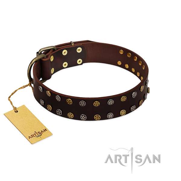 Easy wearing high quality full grain genuine leather dog collar with decorations
