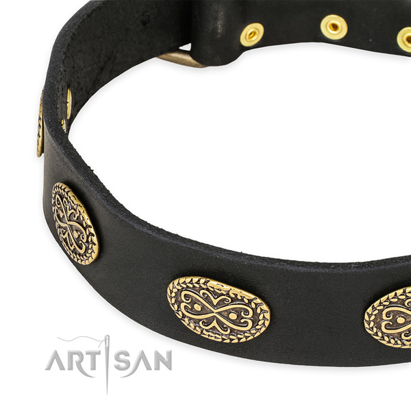 Decorated natural genuine leather collar for your handsome doggie