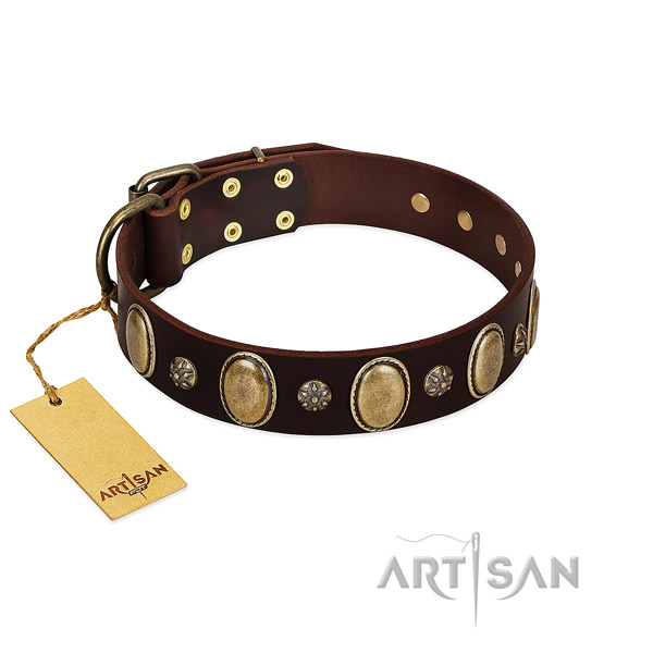 Stylish walking reliable genuine leather dog collar with studs