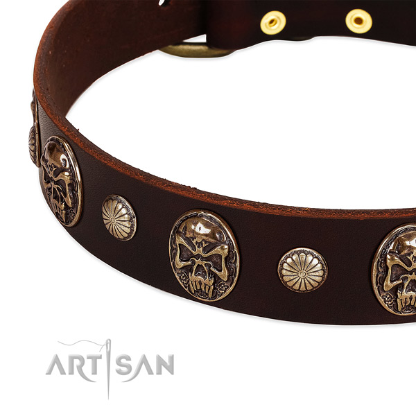 Natural genuine leather dog collar with embellishments for comfy wearing