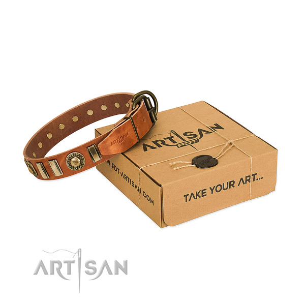 Gentle to touch full grain natural leather dog collar with rust-proof D-ring