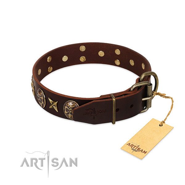 Genuine leather dog collar with strong D-ring and embellishments