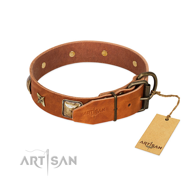 Leather dog collar with corrosion resistant buckle and embellishments