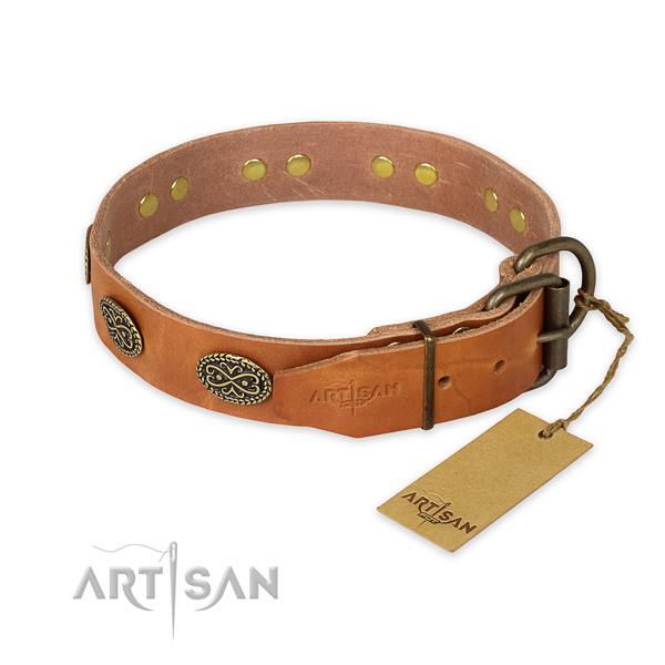 Durable D-ring on natural genuine leather collar for basic training your canine