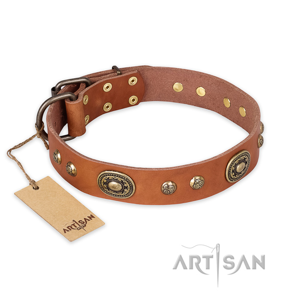 Decorated full grain leather dog collar for easy wearing