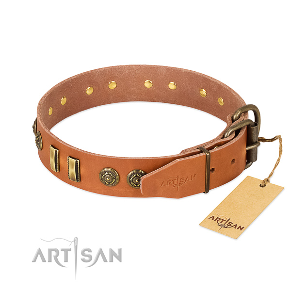 Rust resistant D-ring on full grain leather dog collar for your four-legged friend
