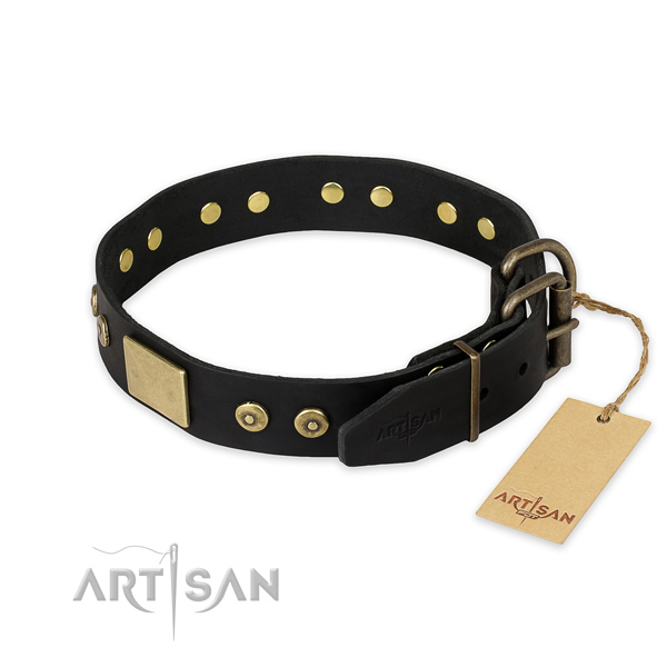 Rust resistant D-ring on full grain natural leather collar for fancy walking your four-legged friend