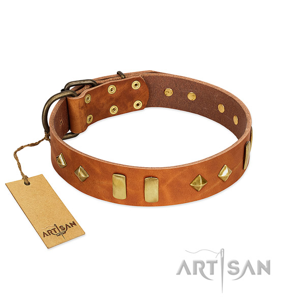 Fancy walking reliable full grain genuine leather dog collar with adornments