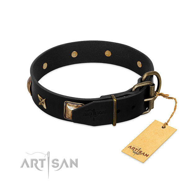 Durable buckle on full grain genuine leather collar for daily walking your pet