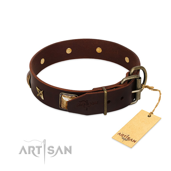 Genuine leather dog collar with rust-proof hardware and adornments