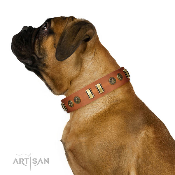 Durable D-ring on full grain natural leather dog collar for handy use