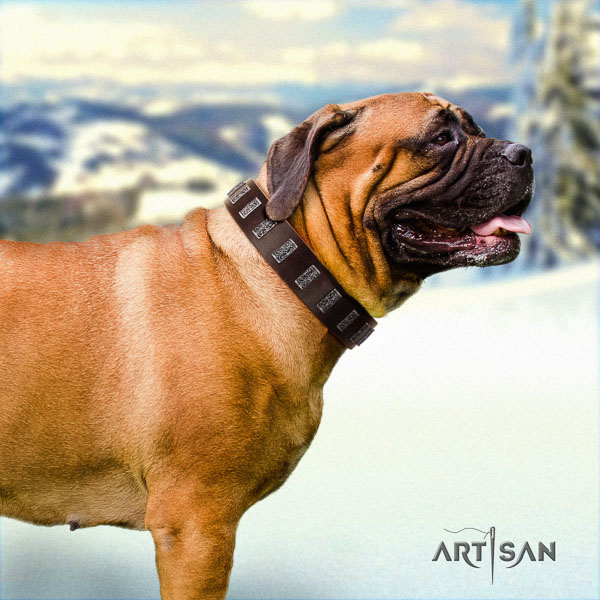 Bullmastiff handcrafted natural genuine leather collar with adornments for your dog