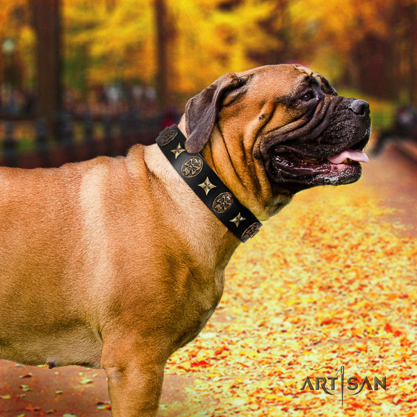 Bullmastiff easy wearing genuine leather collar with decorations for your pet