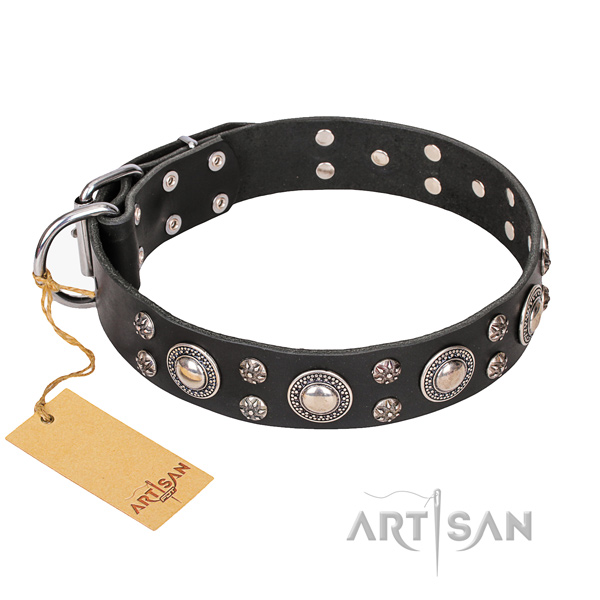 Sturdy leather dog collar with corrosion-resistant elements