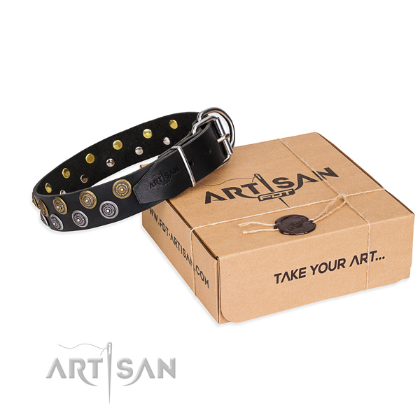 Leather dog collar with decorations for handy use