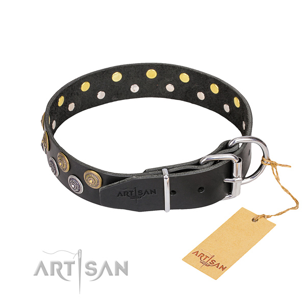 Stylish walking full grain genuine leather collar with decorations for your pet