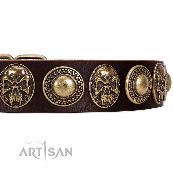 Full grain natural leather dog collar with decorations for daily use